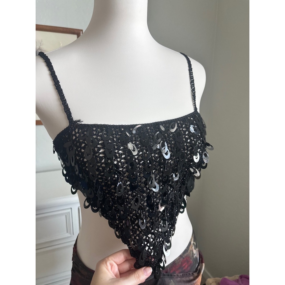 Forever 21 Sequin Crochet Top Womens Small Black Excellent Handkerchief Hem